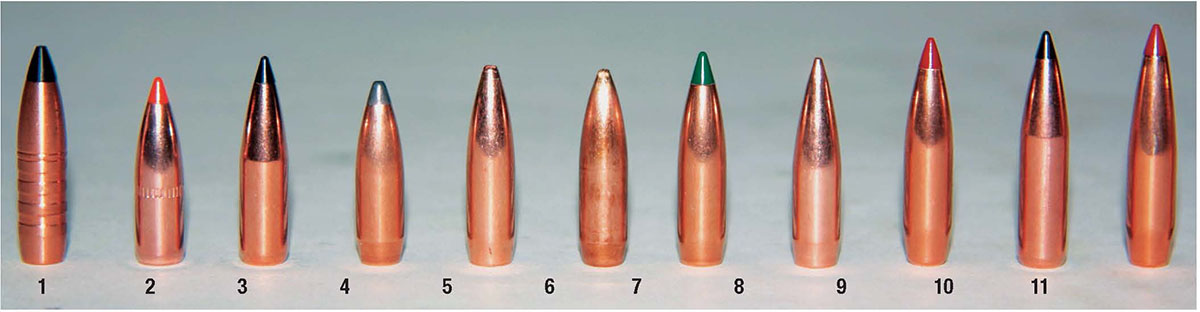 Bullets tested include the (1) Cutting Edge 60-grain Copper Raptor, (2) Nosler 60 Ballistic Tip, (3) Swift 62 Scirocco II, (4) Sierra 65 GameKing SBT, (5) Barnes 69 Match Burner, (6) Rocky Mountain Loading 69 3-Gun Hunter, (7) Sierra 69 Tipped MatchKing, (8) Nosler 70 RDF, (9) Hornady 73 ELD Match, (10) Swift 75 Scirocco II and (11) Hornady 75-grain ELD Match.